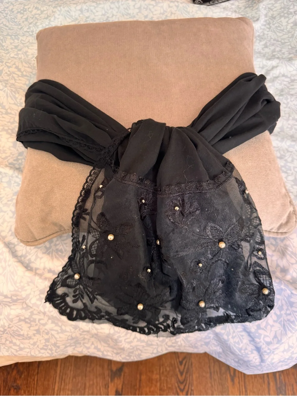 Black Lace Pearl Accent Scarf - Women Accessories